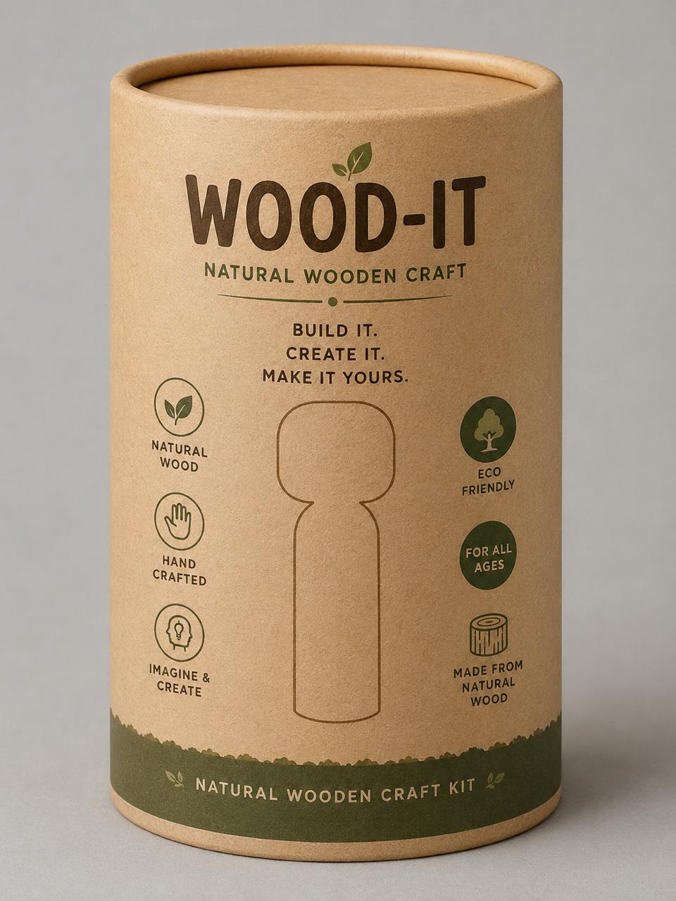 The WOOD-IT kraft tube, printed with the logo, craft badges and a forest band.